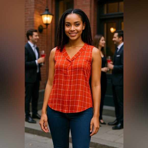 mine Tops - MINE Sz M deep orange & White checkered sleeveless blouse!
